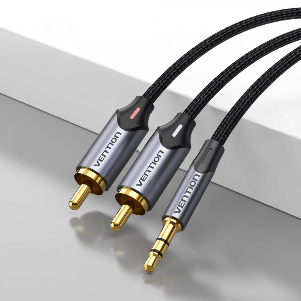 Кабель AUX Audio TRS - RCAx2 M/M 1.5 м, Gold-Plated, Aluminum alloy, чорний, Vention
