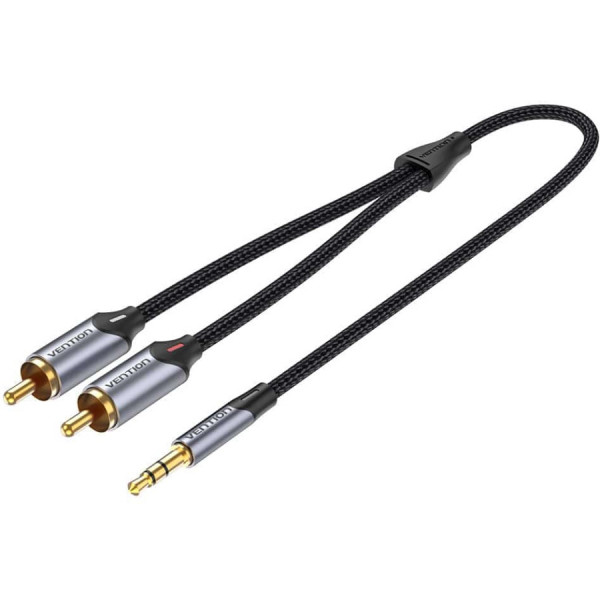 Кабель AUX Audio TRS - RCAx2 M/M 1.5 м, Gold-Plated, Aluminum alloy, чорний, Vention