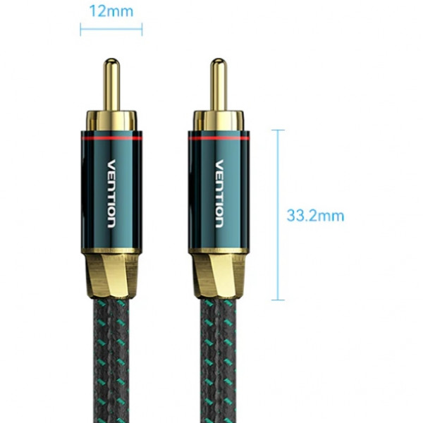 Кабель AUX coaxial HiFi RCA M/M 8.0м OFC Silver, Zinc alloy, зелений, Vention
