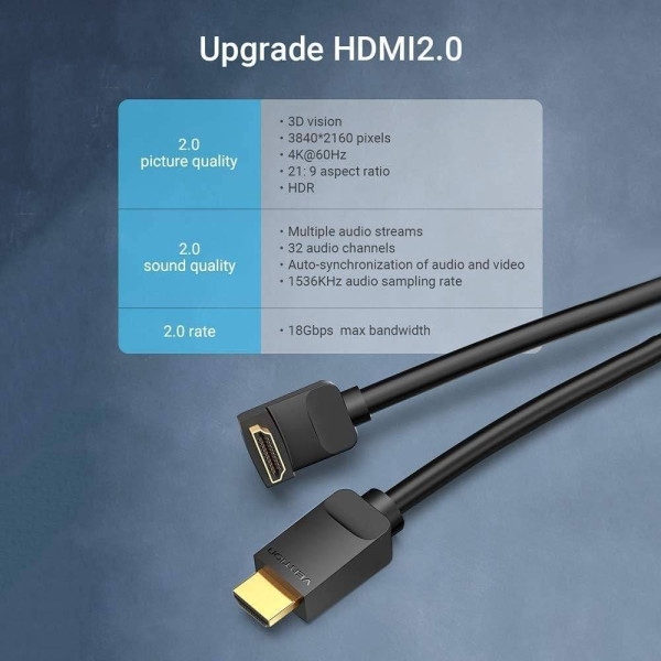 Кабель HDMI M - M, 1.5м, V2.0, 4K 60Гц, кут 90°, PVC, чорний Vention