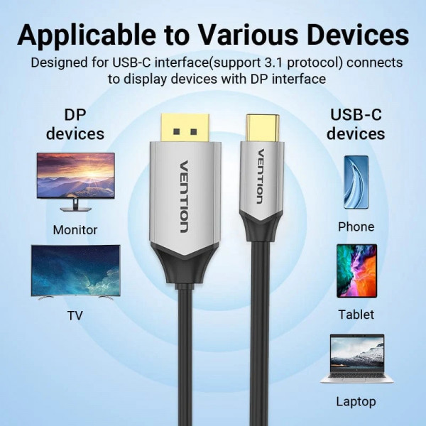 Кабель USB 3.1 Type-C M - DisplayPort M, 1.0м v.1.4 4K60Hz Aluminum Alloy чорний Vention