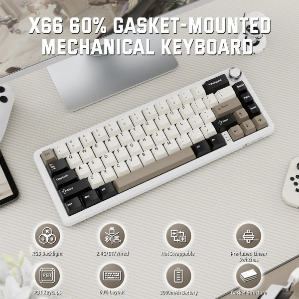 Клавіатура ігрова механічна Attack Shark X66 66кл. RGB, Wireless, Cheese White