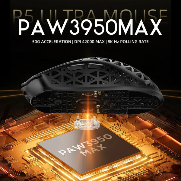 Мишка Attack Shark R5 Ultra, Wireless, PAW3950MAX сенсор, 42000dpi., 6кн., Black