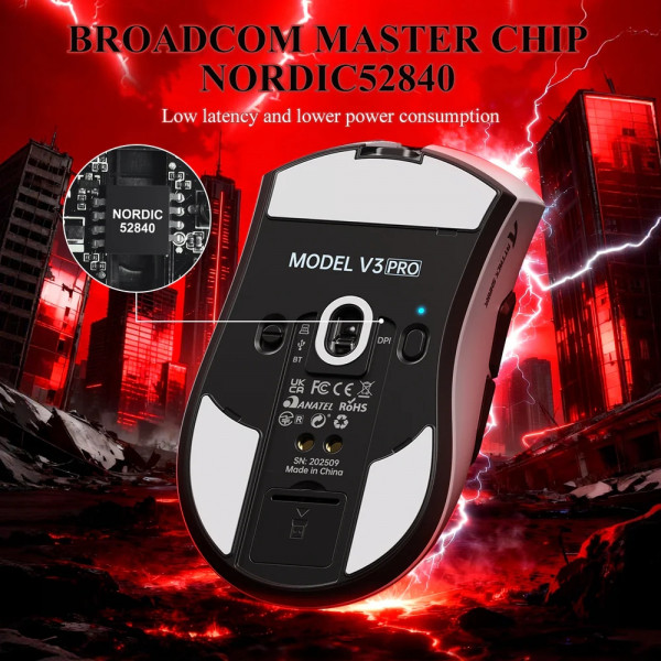 Мишка Attack Shark V3Pro Ultra-Light, Wireless/Bluetooth, 25000dpi. (PAW3311), 6кн., Black