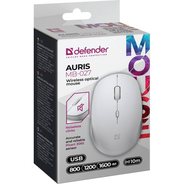 Мишка Defender Auris MB-027, бездротова, 3 кн. до 1600 dpi, безшумна, біла