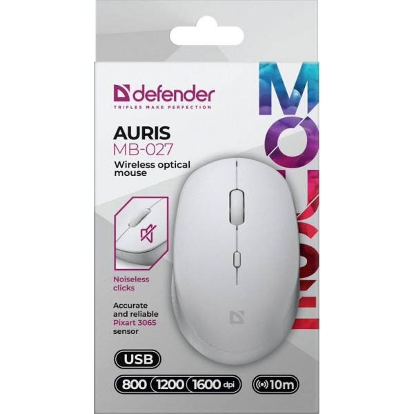 Мишка Defender Auris MB-027, бездротова, 3 кн. до 1600 dpi, безшумна, біла