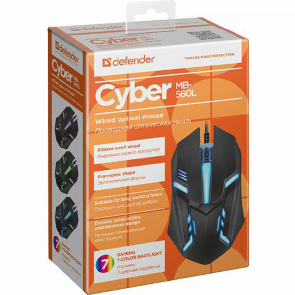 Мишка Defender Cyber MB-560L, 4 кн., 1200 dpi, підсвітка 7 кол., чорна