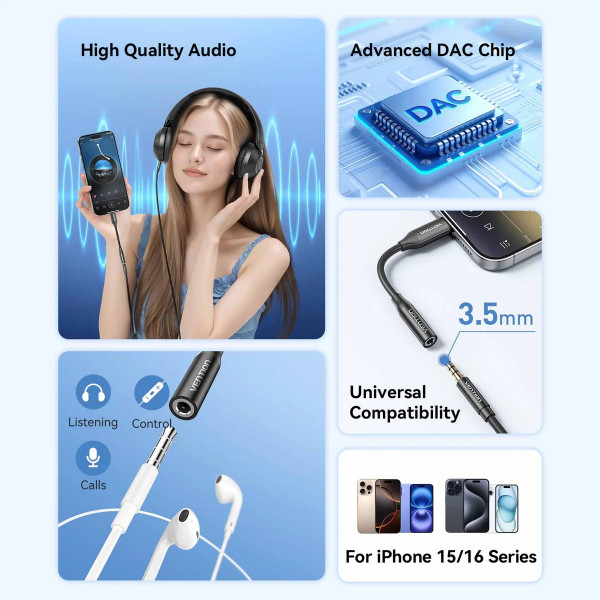 Перехідник USB-C -> аудіо Jack 3.5мм, Aluminum Alloy, чорний Vention