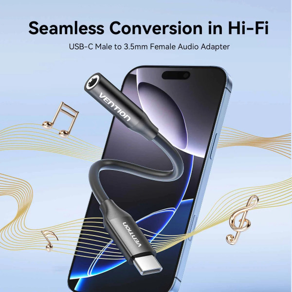 Перехідник USB-C -> аудіо Jack 3.5мм, Aluminum Alloy, чорний Vention