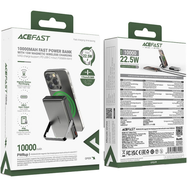 УМБ Acefast Magnetic Wireless 10000mAh 22.5W PD,QC 3.0 USB-C In/Out, QI 15W, with holder M17 Black