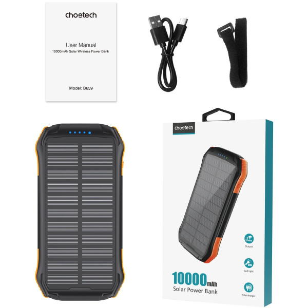 УМБ Choetech 10000mAh 2xUSB-A,1xUSB-C,solar panel, Qi-5W Black-Orange
