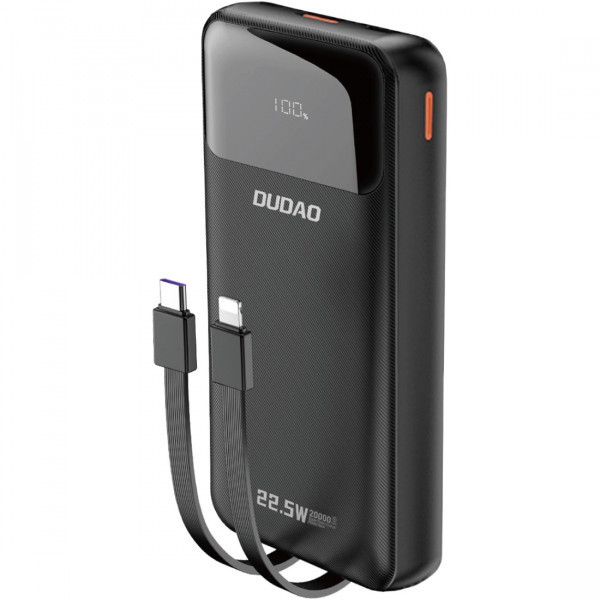 УМБ Dudao 20000mAh K15 Pro 22,5W PD USB-A,USB-C In/Out,with built-in USB-C/Lightning cables Black