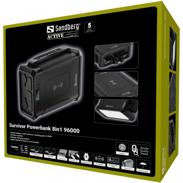 УМБ Sandberg Survivor 96000mAh DC84W PD USB-C60W Cigar Lighter 180W 2USB-A18W,Wireless LiFePo4