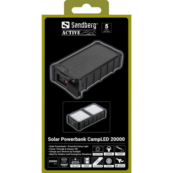 УМБ сонячна Sandberg 20000mAh 22,5W PD Solar Powerbank CampLED, USB-A,2xUSB-C In/Out, Powerful light