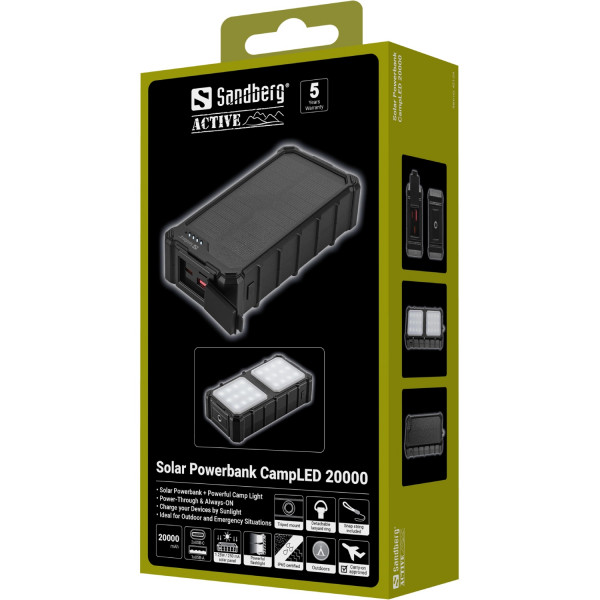 УМБ сонячна Sandberg 20000mAh 22,5W PD Solar Powerbank CampLED, USB-A,2xUSB-C In/Out, Powerful light