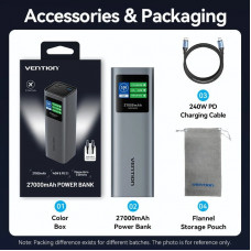 УМБ Vention 27000mAh 140W PD3.1, USB-A, 2xUSB-C, LED Display, Gray