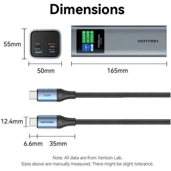 УМБ Vention 27000mAh 140W PD3.1, USB-A, 2xUSB-C, LED Display, Gray