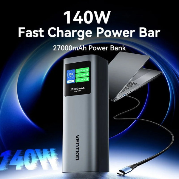 УМБ Vention 27000mAh 140W PD3.1, USB-A, 2xUSB-C, LED Display, Gray