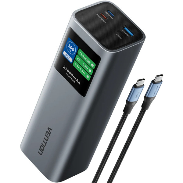 УМБ Vention 27000mAh 140W PD3.1, USB-A, 2xUSB-C, LED Display, Gray