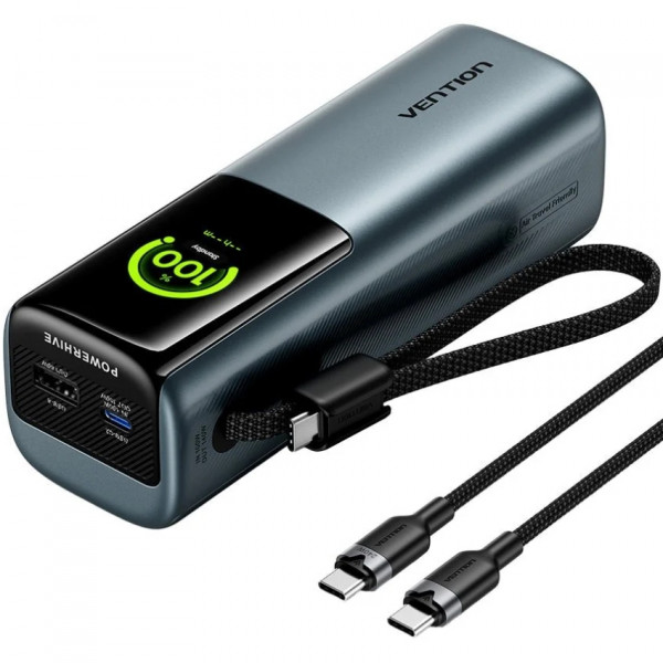 УМБ Vention 27000mAh 200W PD3.1, USB-A, USB-C In/Out, with Built-in USB-C Cable, TFT Display, Gray