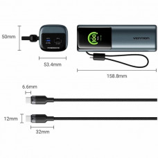 УМБ Vention 27000mAh 200W PD3.1, USB-A, USB-C In/Out, with Built-in USB-C Cable, TFT Display, Gray