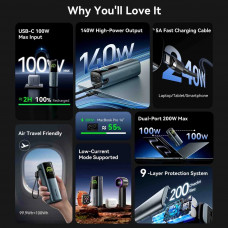 УМБ Vention 27000mAh 200W PD3.1, USB-A, USB-C In/Out, with Built-in USB-C Cable, TFT Display, Gray