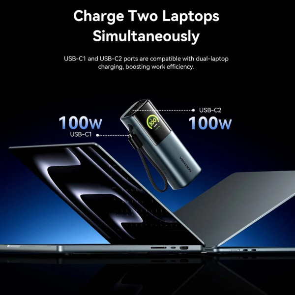 УМБ Vention 27000mAh 200W PD3.1, USB-A, USB-C In/Out, with Built-in USB-C Cable, TFT Display, Gray