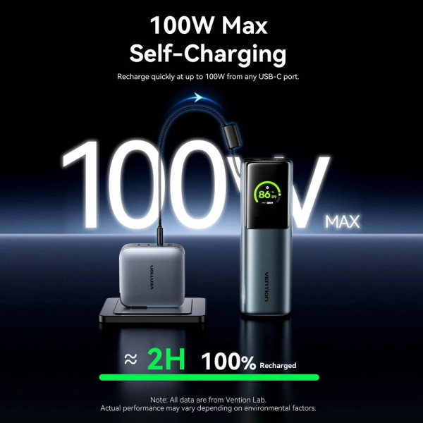 УМБ Vention 27000mAh 200W PD3.1, USB-A, USB-C In/Out, with Built-in USB-C Cable, TFT Display, Gray