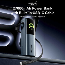 УМБ Vention 27000mAh 200W PD3.1, USB-A, USB-C In/Out, with Built-in USB-C Cable, TFT Display, Gray