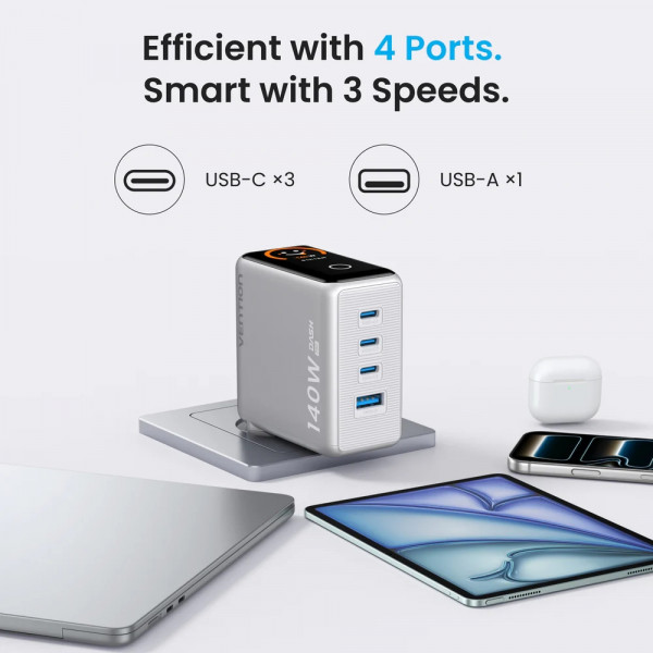 Зарядний пристрій 4xUSB 140W GaN (3хUSB-C+USB-A) + USB-C cable М-М White Vention