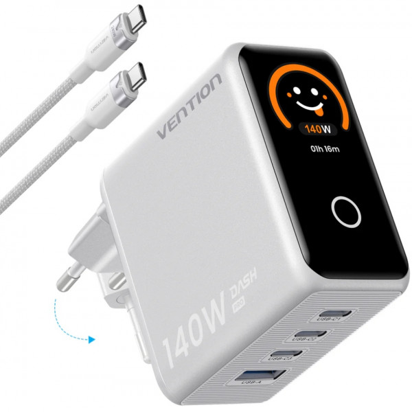 Зарядний пристрій 4xUSB 140W GaN (3хUSB-C+USB-A) + USB-C cable М-М White Vention
