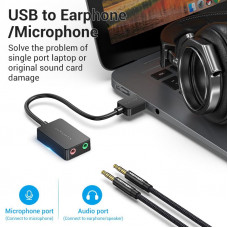 Звукова карта USB AUX jack, 2*TRRS (Mic + Ear) 1м Vention чорна