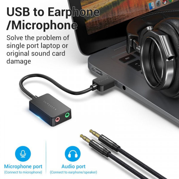 Звукова карта USB AUX jack, 2*TRRS (Mic + Ear) 1м Vention чорна