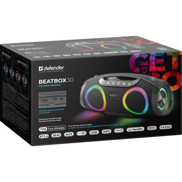 Акустична система 1.0 Defender Beatbox 30, 30Вт Bluetooth/RGB/FM/USB/TF/AUX/TWS чорна
