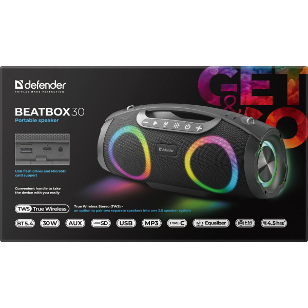 Акустична система 1.0 Defender Beatbox 30, 30Вт Bluetooth/RGB/FM/USB/TF/AUX/TWS чорна