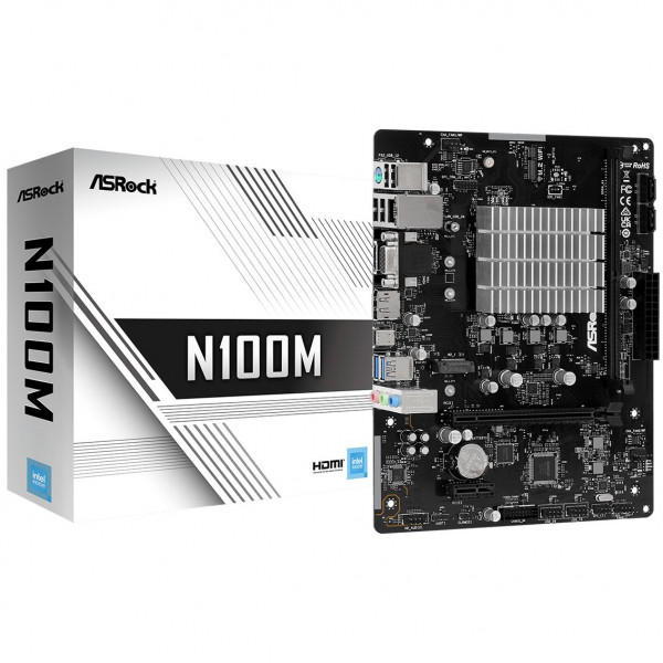 ASRock N100M (Quad-Core N100 3.4GHz, 1xDDR4 DIMM, VGA/HDMI/DP, 1*PCIe, 2xSATAIII, M.2, GLan, mATX)