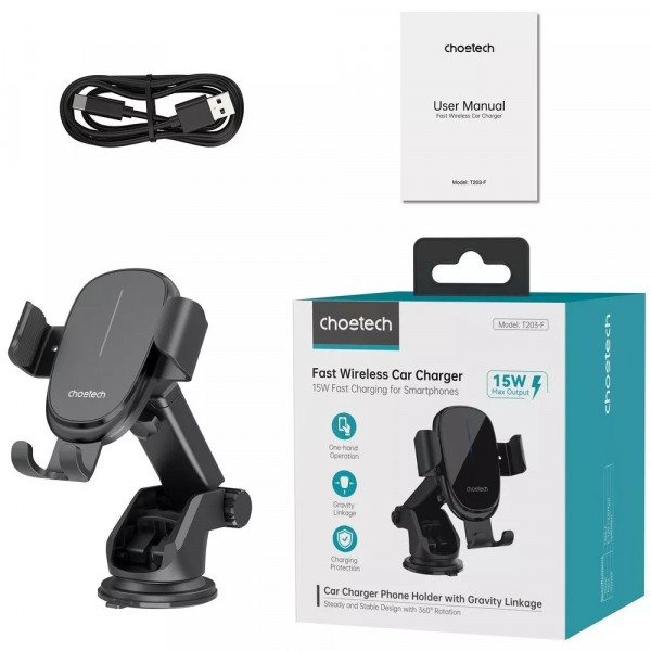 Автомобільне кріплення Choetech Gravity Car Wireless 15W Charger 4.7-7.2" Black
