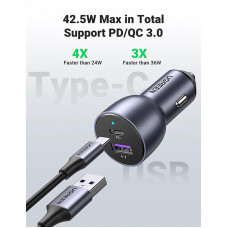 Автозарядка 2xUSB 36W (USB-C+USB-A) QC 3.0+ Косм. Сіра (CD213) UGREEN