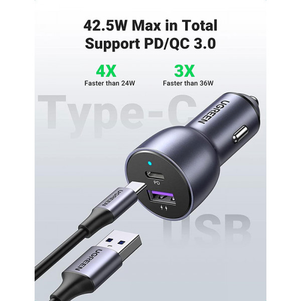 Автозарядка 2xUSB 36W (USB-C+USB-A) QC 3.0+ Косм. Сіра (CD213) UGREEN