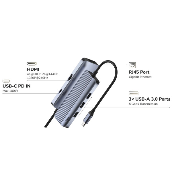 Док станція USB3.0 Type-C -> HDMI 4K60Hz/USB-C/1хUSB-A 3.0 5 Гбіт/с, 2хпередачі даних USB-A 2.0 Cud