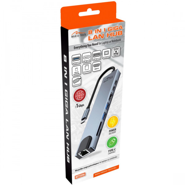 Док-станція USB3.1 Type-C -> HDMI4K60Hz/2xUSB-A/2xType-C/RJ45/SD/TF/PD 100W 8 in 1 Media-Tech