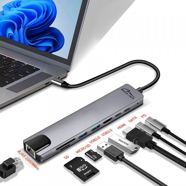 Док-станція USB3.1 Type-C -> HDMI4K60Hz/2xUSB-A/2xType-C/RJ45/SD/TF/PD 100W 8 in 1 Media-Tech