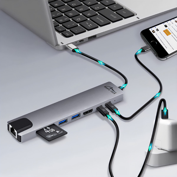 Док-станція USB3.1 Type-C -> HDMI4K60Hz/2xUSB-A/2xType-C/RJ45/SD/TF/PD 100W 8 in 1 Media-Tech