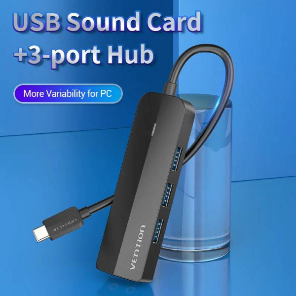 Док-станція USB3.1 Type-C -> USB-Ax3, 3.0/3.5mm Sound Adapter/MicroUSB 10W чорний Vention