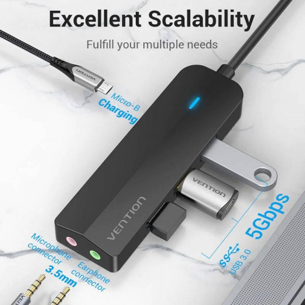 Док-станція USB3.1 Type-C -> USB-Ax3, 3.0/3.5mm Sound Adapter/MicroUSB 10W чорний Vention