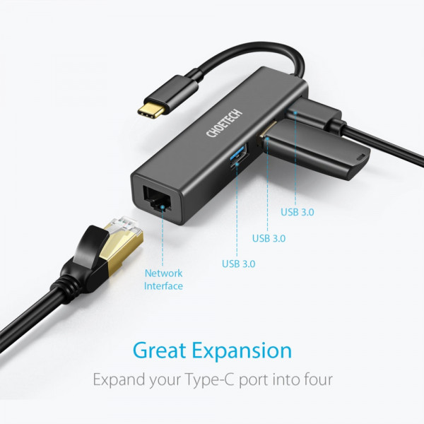 Док-станція USB3.1 Type-C -> USBx3, 3.0/RJ45(1000M) Ethernet 4 in 1 Hub Choetech