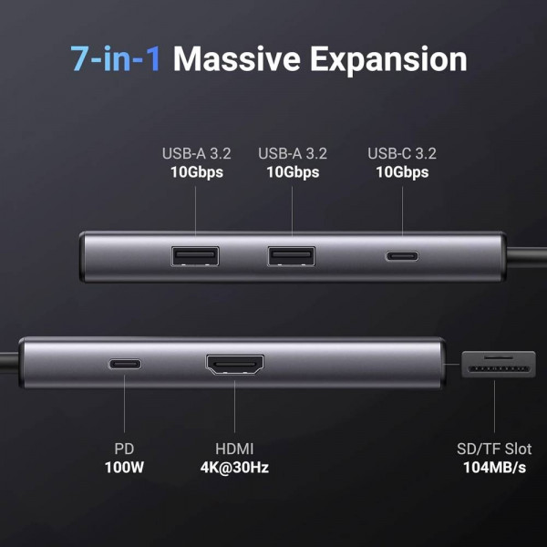 Док-станція USB3.1 Type-C -> HDMI 4K30Hz/USB 3.0x2/Type-C/SD/TF/ PD 100W CM498 7 in 1 Ugreen