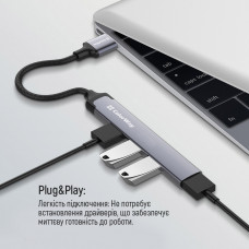 Хаб USB 3.0 -> 2xUSB 2.0+1xUSB 3.0+1xUSB-C Grey ColorWay