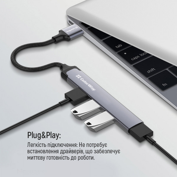 Хаб USB 3.0 -> 2xUSB 2.0+1xUSB 3.0+1xUSB-C Grey ColorWay