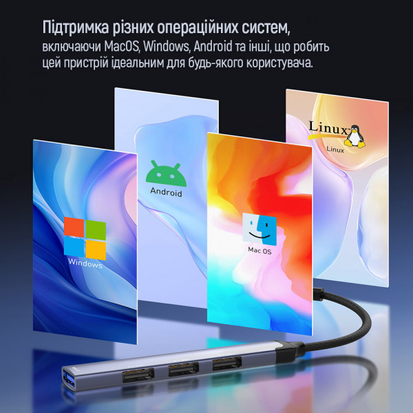 Хаб USB 3.0 -> 2xUSB 2.0+1xUSB 3.0+1xUSB-C Grey ColorWay